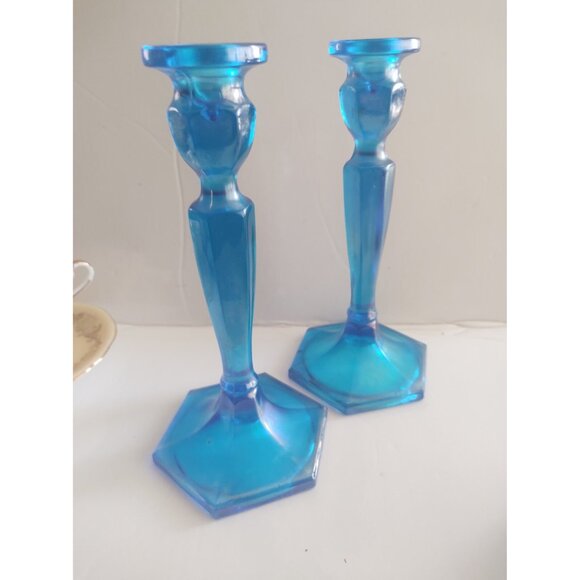 Vintage Fenton Celeste Blue Stretch Glass Candle holders(2) Model 449 - Picture 6 of 14